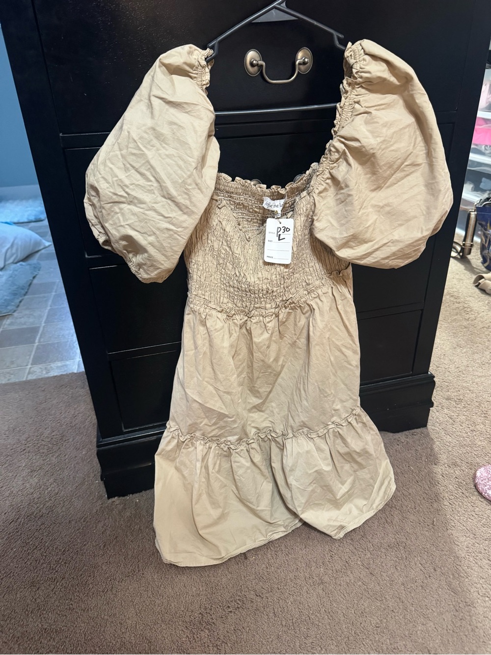 Girls Puff Sleeve Smocked Dress - Beige